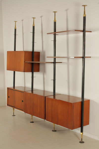 Floor To Ceiling Bookcase Adjustable Shelves Metal Brass Mahogany Floor To Ceiling Bookcase Adjustable Shelves Metal Brass Mahogany Veneer Vintage Italy 1950s