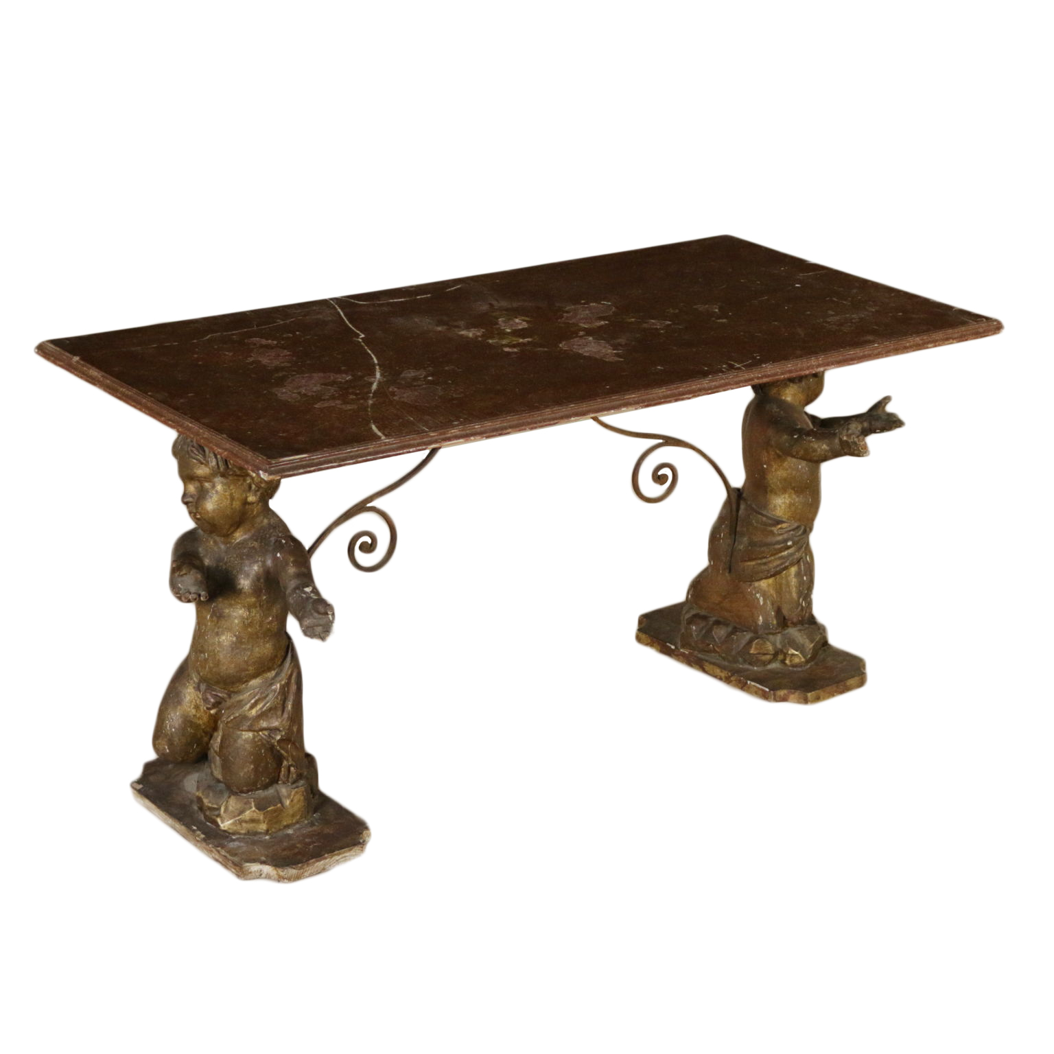 Coffee Table With Antique Cherubs Iron Lacquered Wood Italy 1900