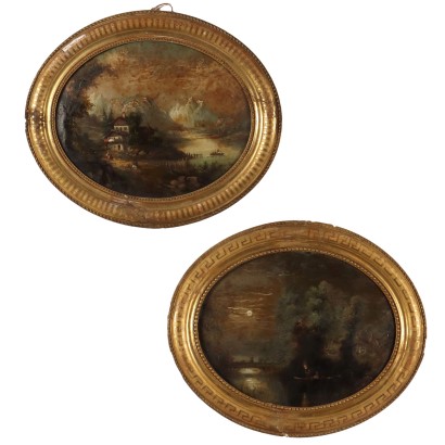 Pair of Under Glass Paintings Landscape '800 Gilded Frames
