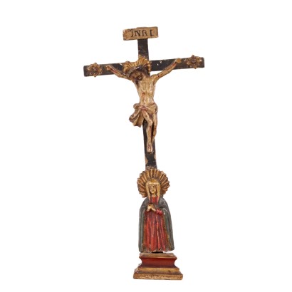 Ancient European Crucifix '700 Carved and Painted Wood Multicolored