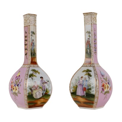 Pair of Ancient Vases '800 Dresden Porcelain Bunches of Flowers