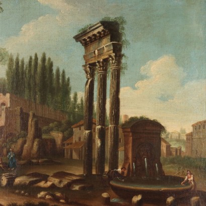 Antique Painting Landscape with Ruins '700-'800 Oil on Canvas
