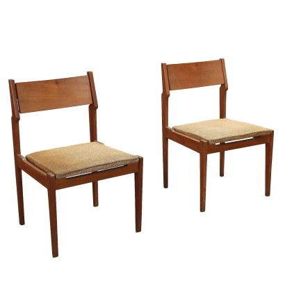 Pair of Vintage 1950s Chairs Wooden Structure Cloth Seat Furnishing