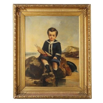 Antique Painting Portrait of a Child Oil on Canvas XIX Century