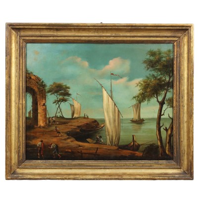 Tableau Ancien Paysage Maritime Huile sur Toile XIXe Siècle