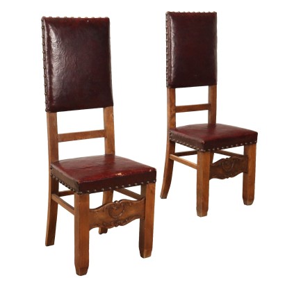 Paar Antike Stühle im Barockstil Buche Leder Italien des XX Jhs