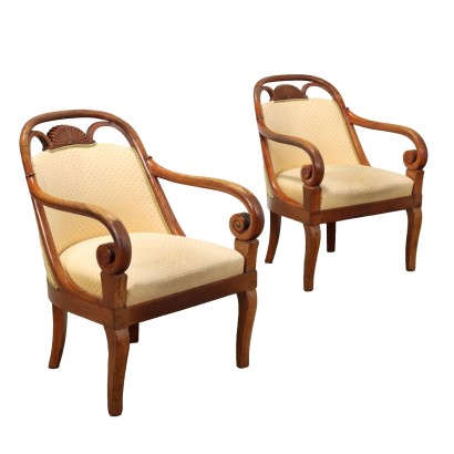 Pair of Antique Louis Philippe Armchairs Walnut Italy XIX Century