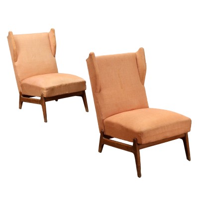 Pair of Vintage 1950s Armchairs Wood Fabric Italy