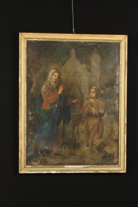 art, antique painting, end 700, 18th century, religious painting, the apparition of the Virgin Mary, apparition of the Virgin Mary to peasant girl, oil paintings on canvas