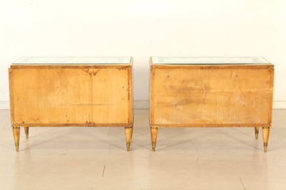 bedside tables, 50s, veneered wood, maple, mirrored glass, decorated, brass, #modernity, #furniture