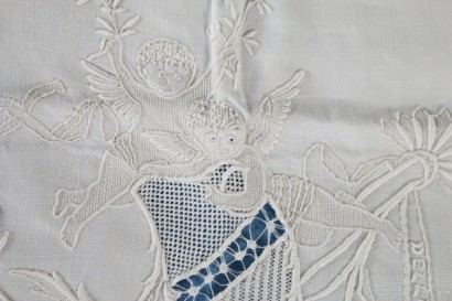 Linen double sheet embroidery detail with two pillowcases