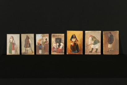 Gruppo di sette dipinti raffiguranti costumi di tradizione sarda