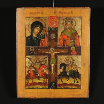 Icona russa quadripartita con Cristo Crocifisso