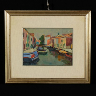 Silvio Consadori (1909-1994), Ansicht eines Dorfes mit Booten im Kanal