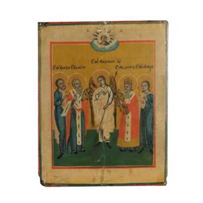 Icona russa con Arcangelo e Santi