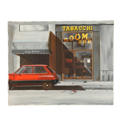 El viejo coche en frente de la barra-tabacchi
