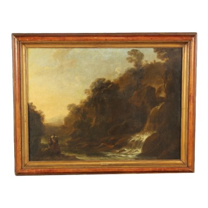 Italian Landscape Painting with Waterfall and Figures