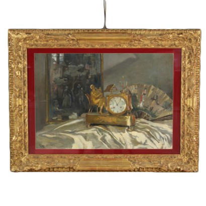 arte del novecento, 1900, 900, XX secolo, Ludovico Zambeletti (1881-1966), nature morte, orologio, ventaglio, dipinti ad olio, #arte, #novecento, #dimanoinmano