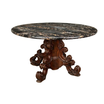 Runder Tisch mit Marmorplatte und Sockel aus Mahagoni XX Jhd