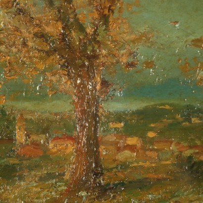 arte, arte italiano, pintura italiana del siglo XX, Pintura firmada por Giuseppe Solenghi, Paisaje con una visión del pueblo, Giuseppe Solenghi, Giuseppe Solenghi, Giuseppe Solenghi