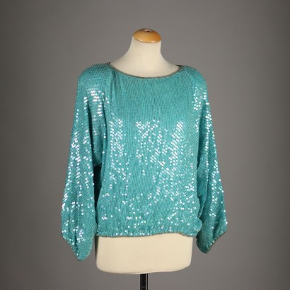 Pull Vintage en Soie Turquise avec Paillettes Taille L Années 1980