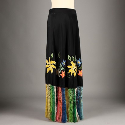 Vintage Skirt with Embroideries in Black Satin Size 10/12