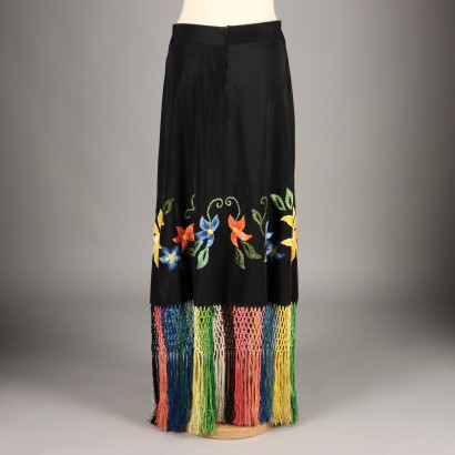 Vintage Skirt with Embroideries in Black Satin Size 10/12