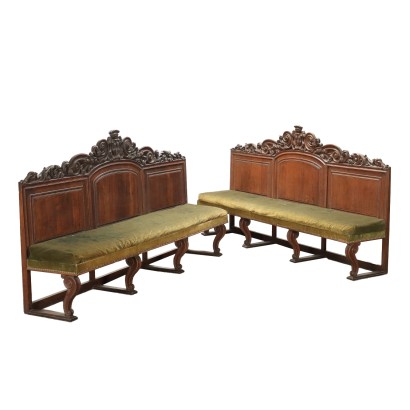 Paire de Bancs Anciens Néo-Renaissance Bois Italie XIXe Siècle