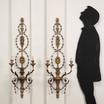 Pair of Wall Lamps Neoclassical Gilded Iron Italy XX Century