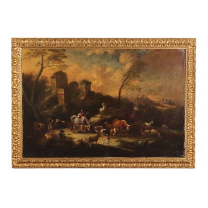 Paysage avec Personnage avec Troupeaux Huile sur Toile XVIIIe Siècle