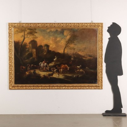 Paysage avec Personnage avec Troupeaux Huile sur Toile XVIIIe Siècle