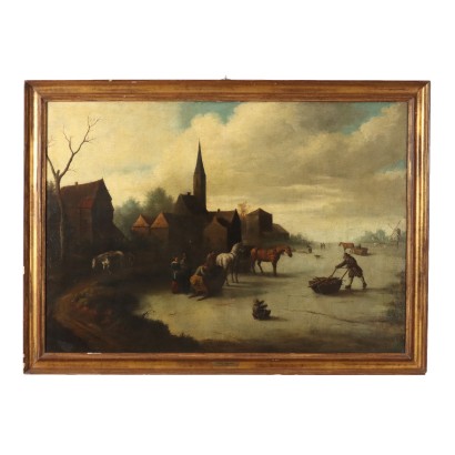 Tableau Ancien Paysage avec Figures École Flamande Attr. T. Heeremans