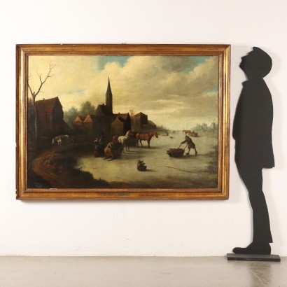 Tableau Ancien Paysage avec Figures École Flamande Attr. T. Heeremans