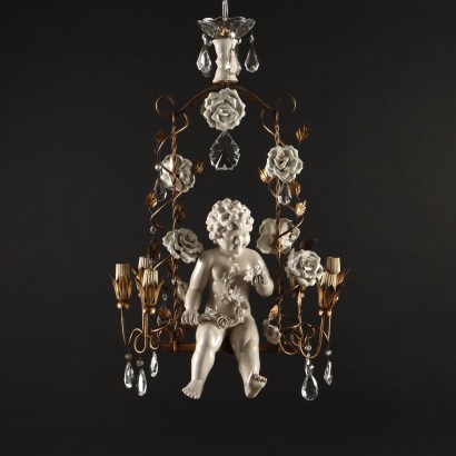 Lustre Ancien à 6 Lumières en Verre et Fer Doré du XXe Siècle