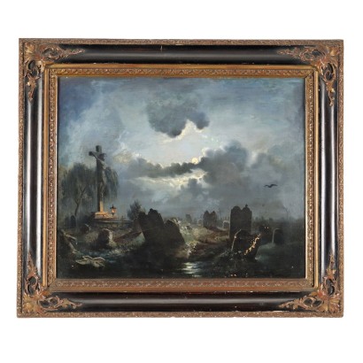 Tableau Ancien Paysage de Nuit '800 Tableau Huile sur Toile Cadre