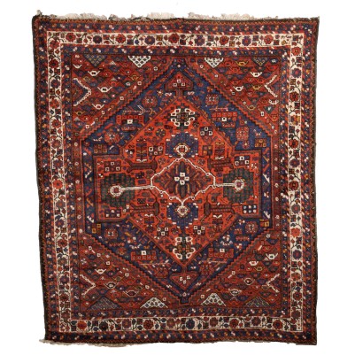 Tapis Ancien Shiraz en Laine Noeud Gros Motifs Géometriques