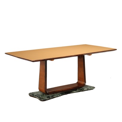 Table Vintage Italie Années 50 Base Marbre Bois Plaqué Verre
