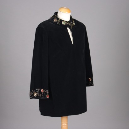 Vintage Black Velvet Shirt with Embroideries Size 14 Italy 1970s
