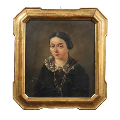 Tableau Ancien Portrait Féminin '800 Huile sur Carton Encadré