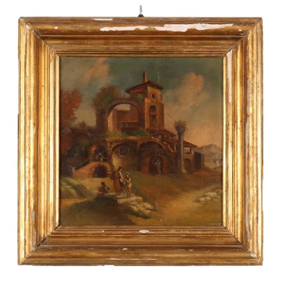 Dipinto di Paesaggio con Architettura e Figure