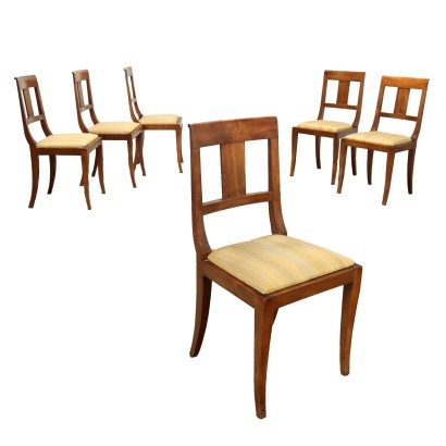 6 Ancient Directoire Chairs Italy \'800 Walnut Saber Legs Padded