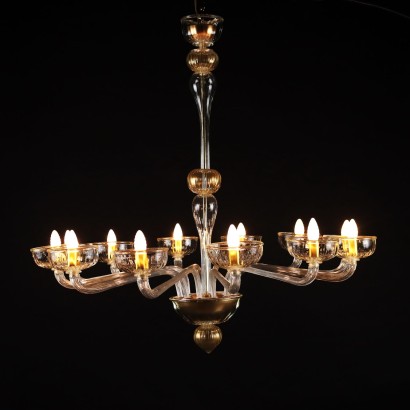 Lustre Ancien Plafond Murano '900 12 Lumières Métal Doré