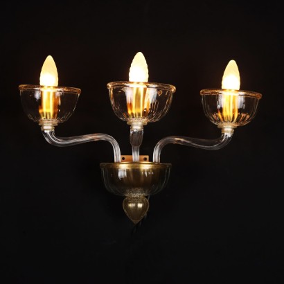 Ancient 3 Lights Wall Lamps Murano \'900 Metal Transparent Glass Gilded