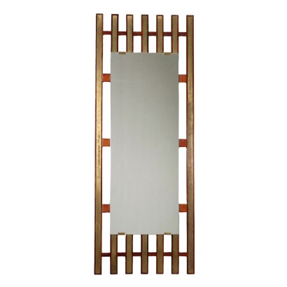 Vintage Wall Mirror Italy 1960s Teak Wood Brass Frame