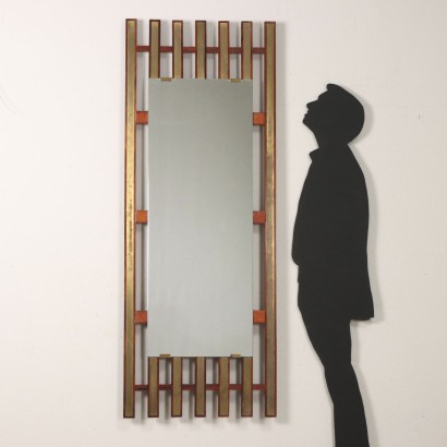 Miroir Vintage à Mur Italie Années 60 Bois Teck Cadre Laiton