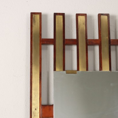 Vintage Wall Mirror Italy 1960s Teak Wood Brass Frame