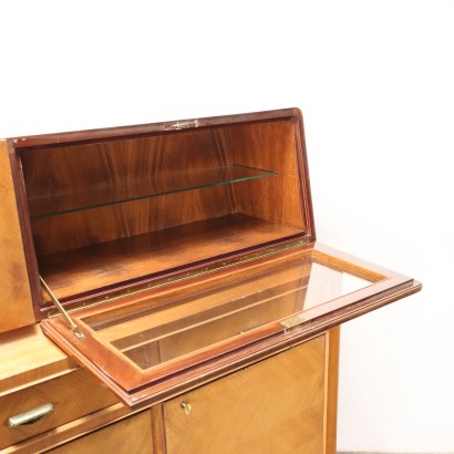 Vintage Cupboard Cabinet 1950s Veneered Wood Flap Glass