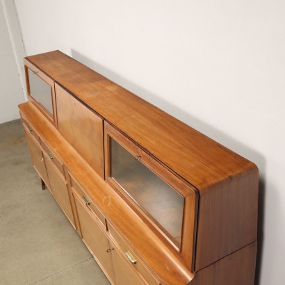 Vintage Cupboard Cabinet 1950s Veneered Wood Flap Glass