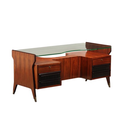 Bureau Design Italie Années 50 Bois Plaqué Plateau Verre