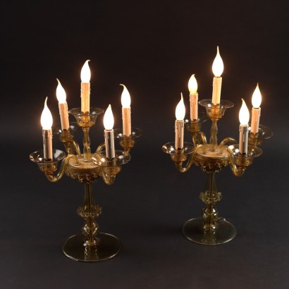 Lampes Anciennes de Table Murano '900 Verre Coloré Soufflé 5 Lumières